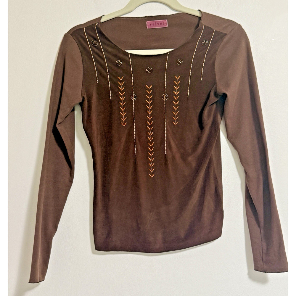 VELVET by Graham & Spencer Brown Beaded Suede Long Sleeve Tee SMALL